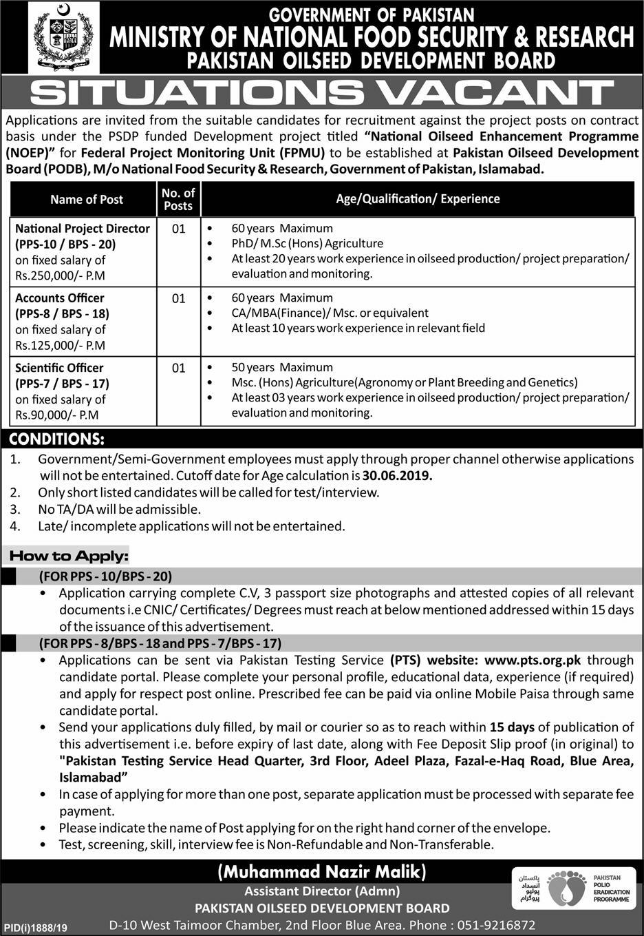 Ministry of National Food Security and Research Offering Jobs 2019