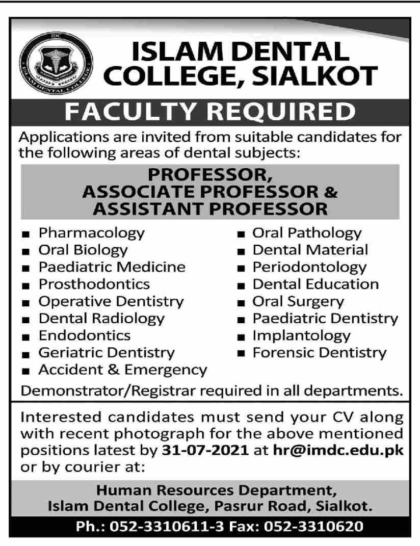 Professor new Jobs in Islam Dental College Sialkot