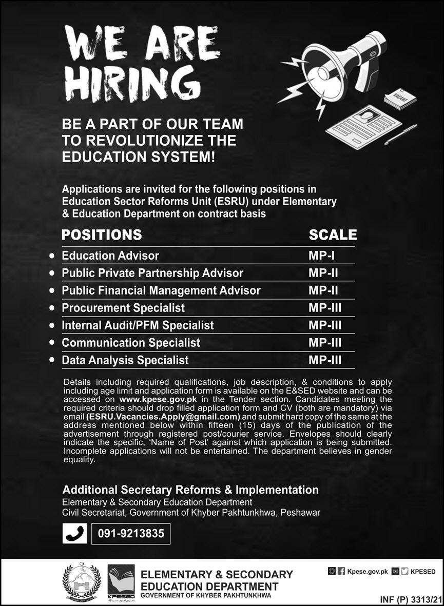 Public Private Partnership Advisor latest Jobs in Elementary and Secondary Education Department, Peshawar.