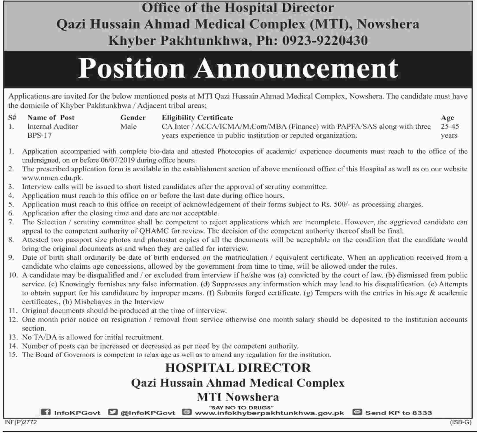 Qazi Hussain Ahmad Medical Complex Offering Jobs 2019