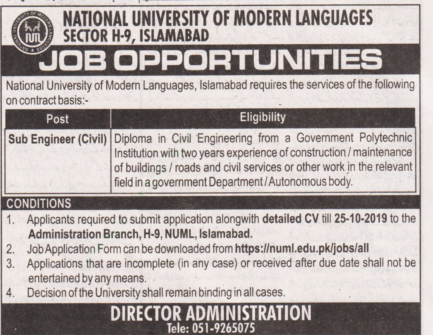 Sub Engineer Jobs In National University Of Modern Languages Islamabad