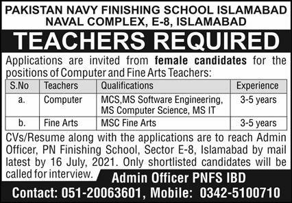 Teacher new Jobs in Pakistan Navy Finishing School