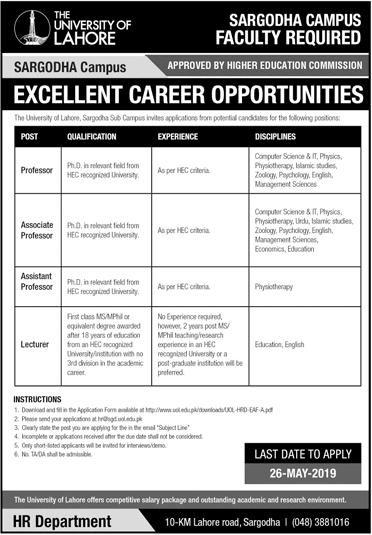 The University Of Lahore Sarghoda Campus Offering Jobs 2019