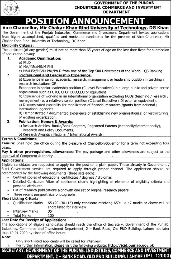 Vice Chancelor jobs in Lahore
