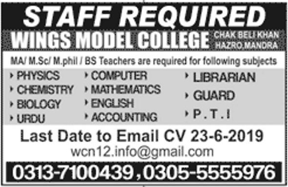 Wings Model College Rawalpindi Offers Jobs 2019