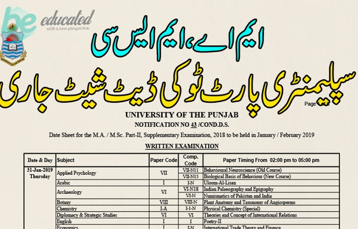 ایم اے،ایم ایس سی سپلیمنٹری پارٹ ٹوکی ڈیٹ شیٹ جاری