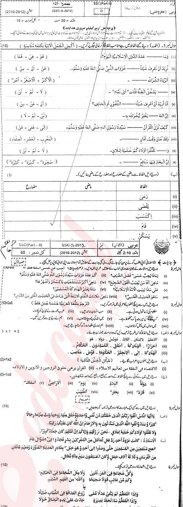 Arabic 10th Urdu Medium Past Paper Group 1 BISE Bahawalpur 2012