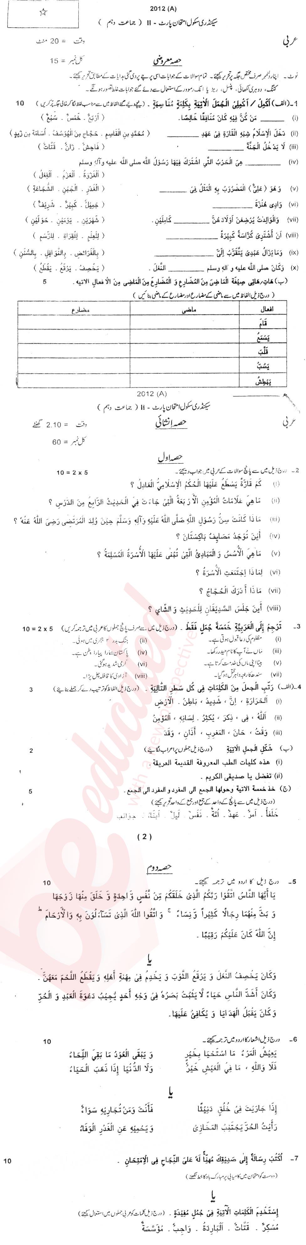 Arabic 10th Urdu Medium Past Paper Group 1 BISE Multan 2012