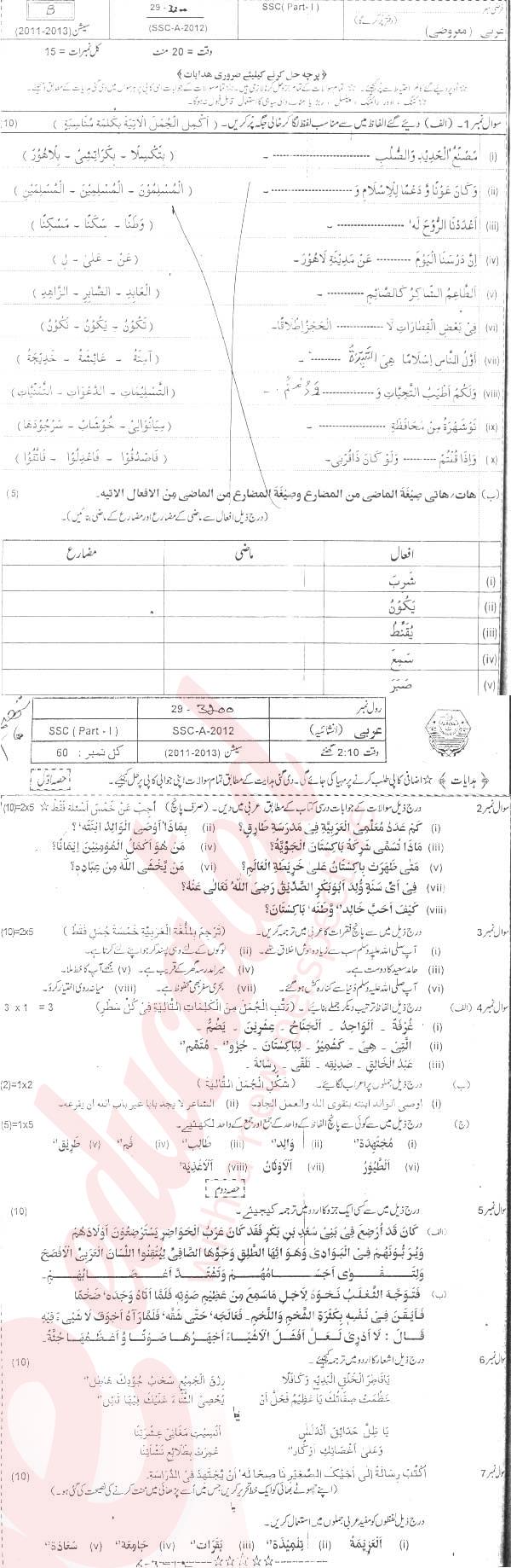 Arabic 9th Urdu Medium Past Paper Group 1 BISE Bahawalpur 2012