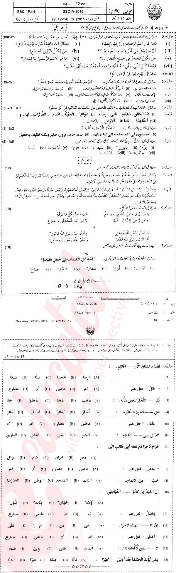 Arabic 9th Urdu Medium Past Paper Group 1 BISE Bahawalpur 2016