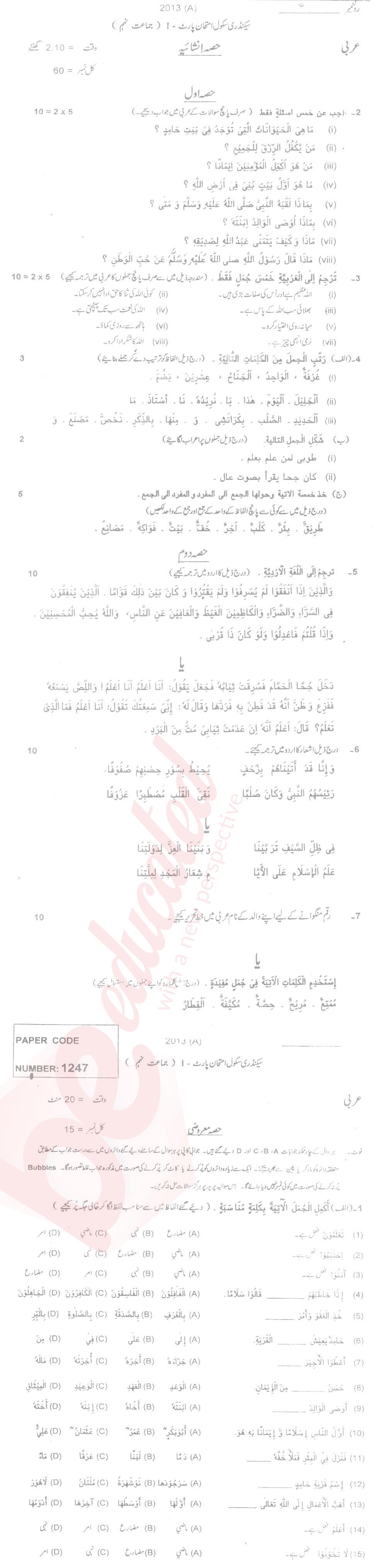 Arabic 9th Urdu Medium Past Paper Group 1 BISE Multan 2013