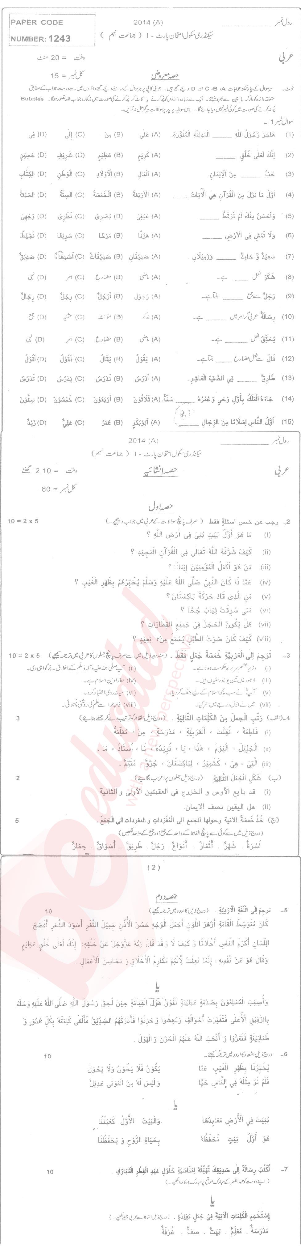 Arabic 9th Urdu Medium Past Paper Group 1 BISE Multan 2014
