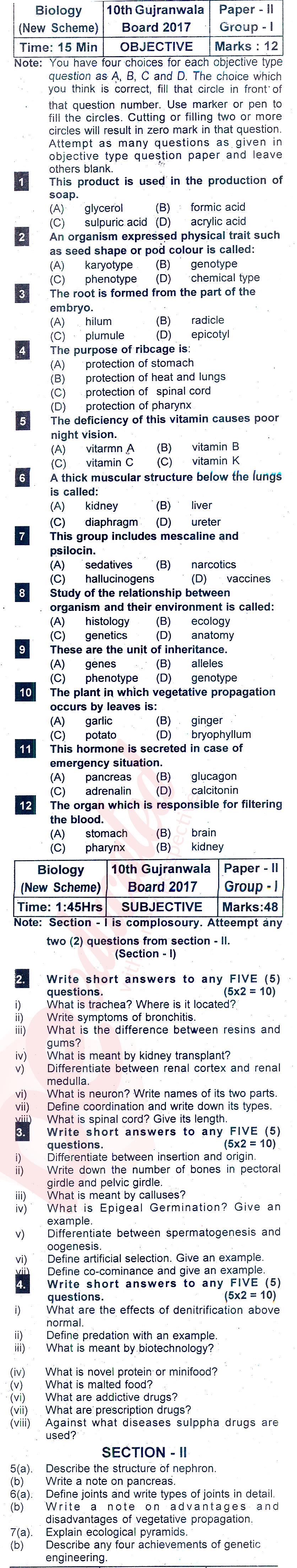 Biology 10th class Past Paper Group 1 BISE Gujranwala 2017