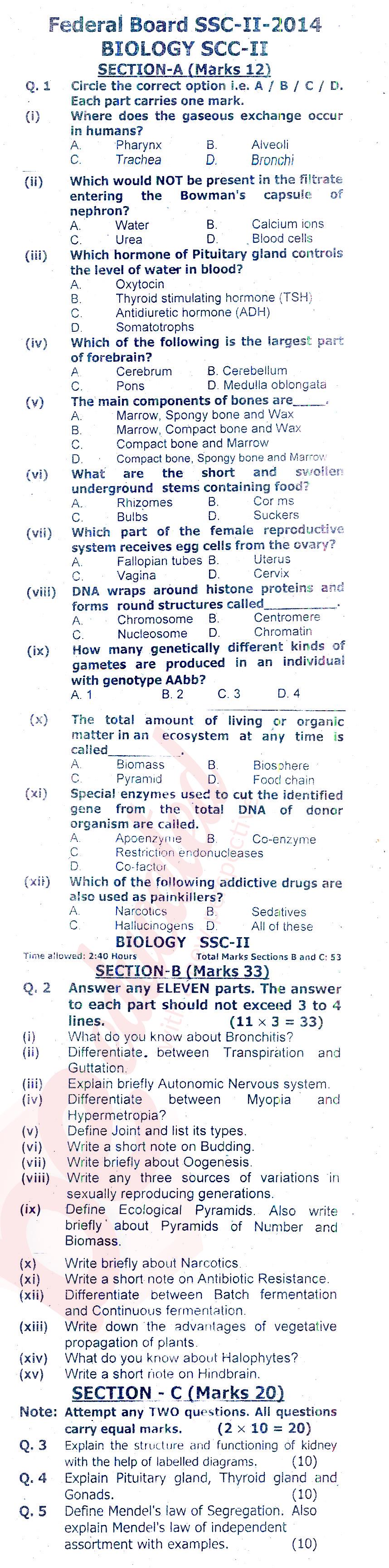 Biology 10th class Past Paper Group 1 Federal BISE  2014