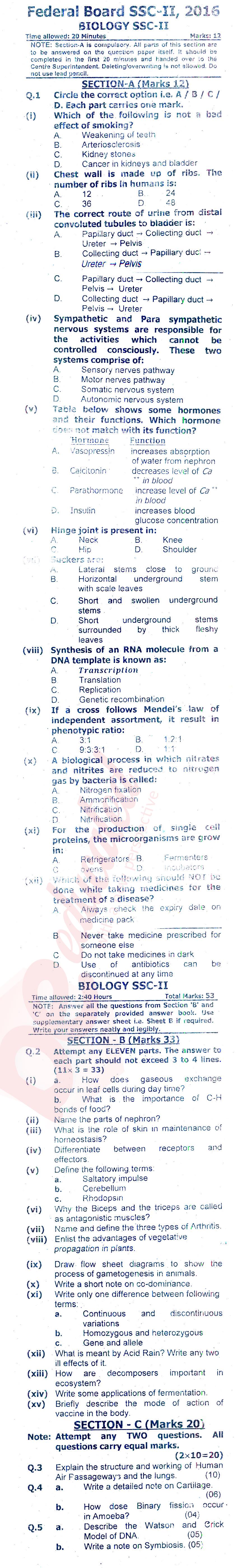 Biology 10th class Past Paper Group 1 Federal BISE  2016