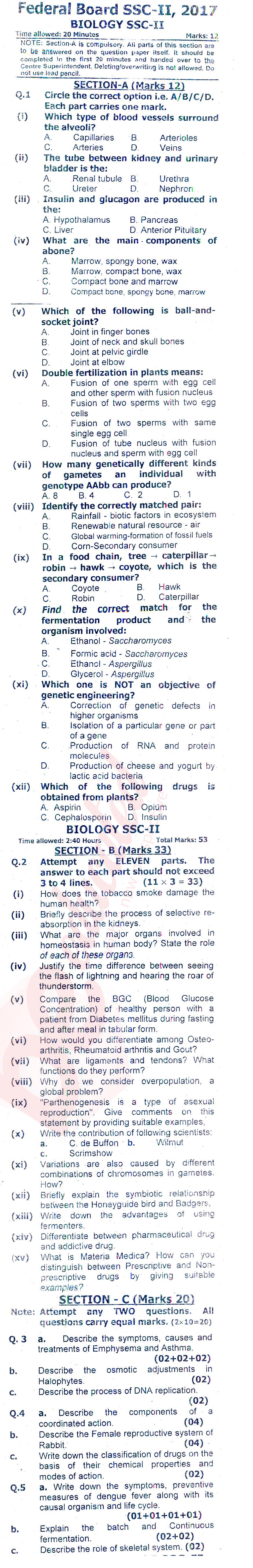 Biology 10th class Past Paper Group 1 Federal BISE  2017