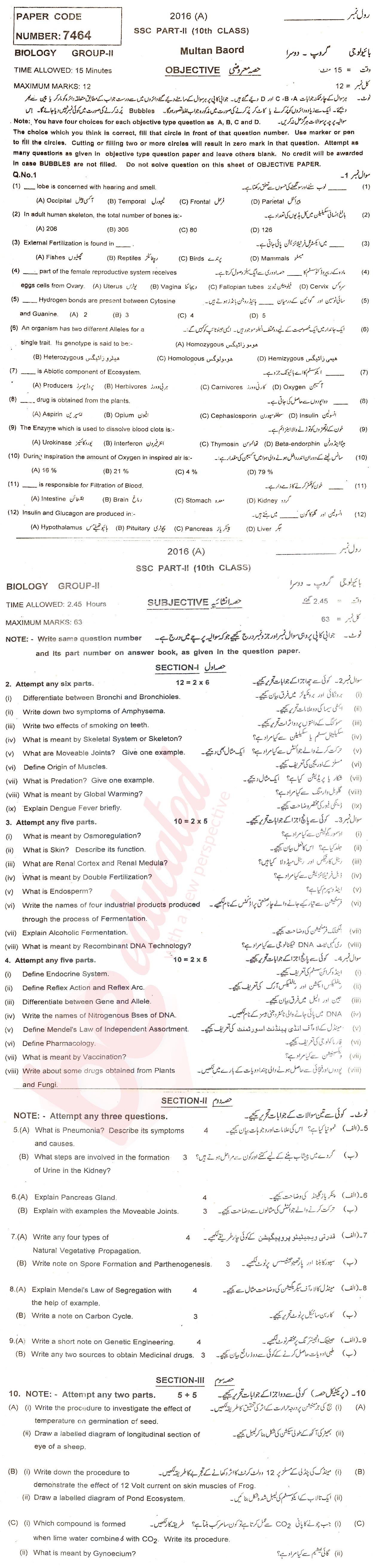 Biology 10th class Past Paper Group 2 BISE Multan 2016