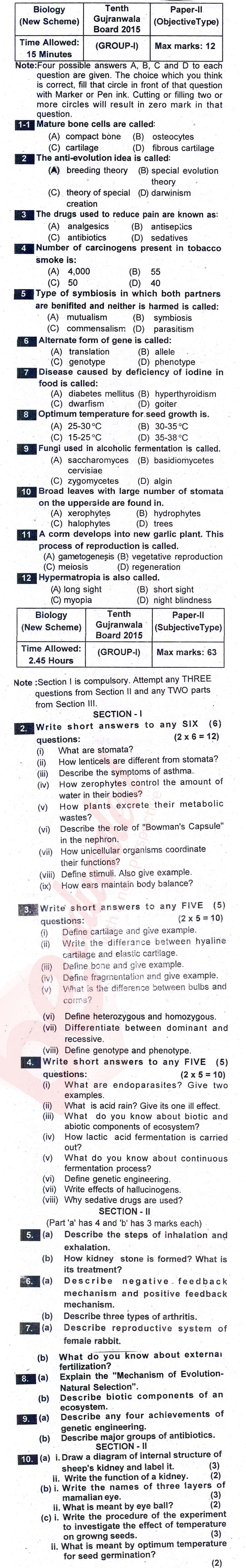 Biology 10th English Medium Past Paper Group 1 BISE Gujranwala 2015