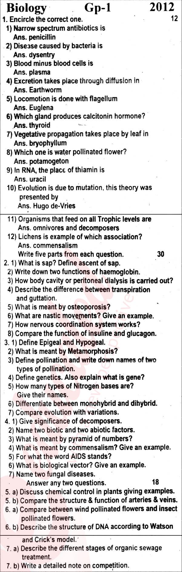 Biology 10th English Medium Past Paper Group 1 BISE Rawalpindi 2012