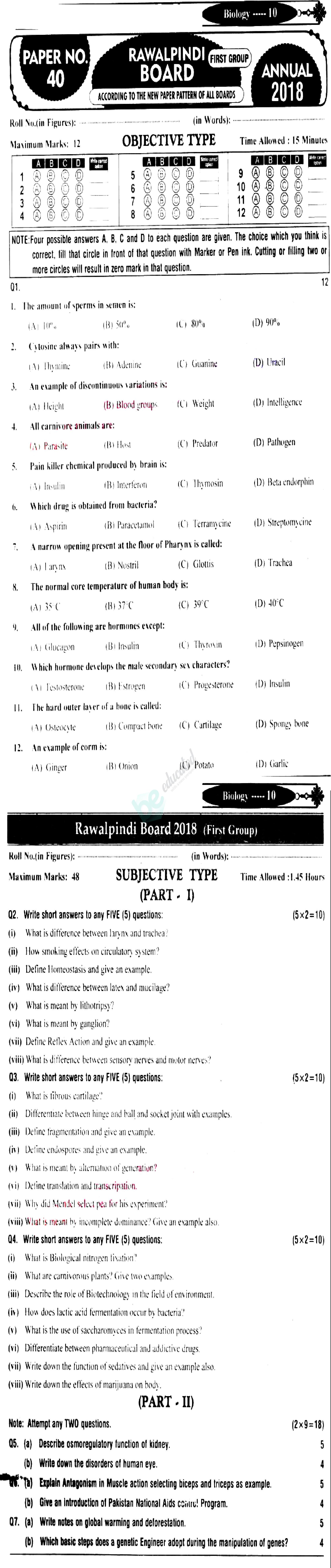 Biology 10th English Medium Past Paper Group 1 BISE Rawalpindi 2018