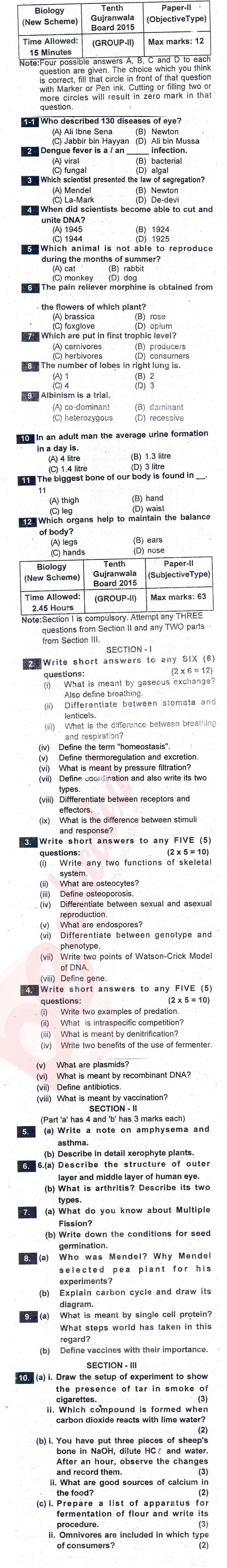 Biology 10th English Medium Past Paper Group 2 BISE Gujranwala 2015