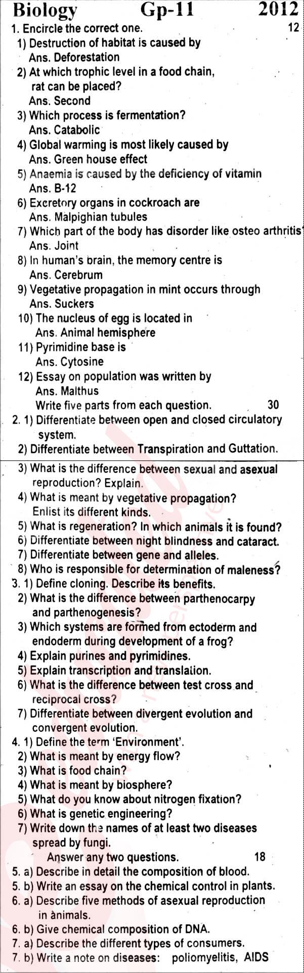 Biology 10th English Medium Past Paper Group 2 BISE Rawalpindi 2012