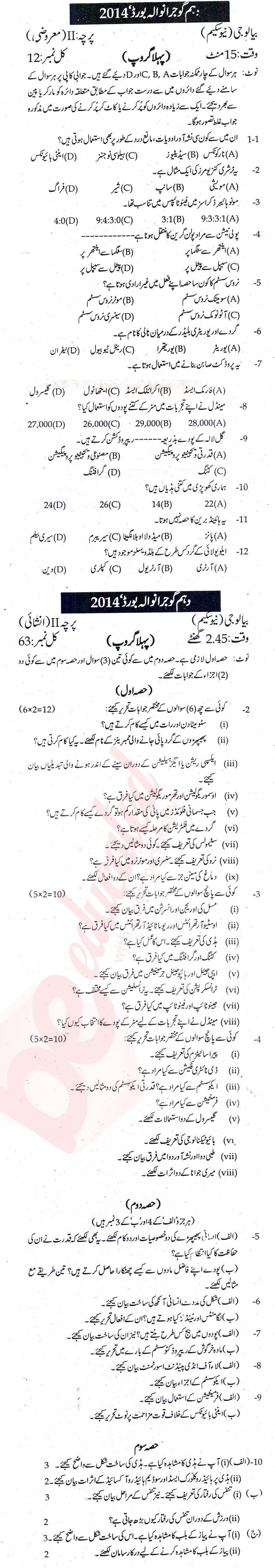 Biology 10th Urdu Medium Past Paper Group 1 BISE Gujranwala 2014