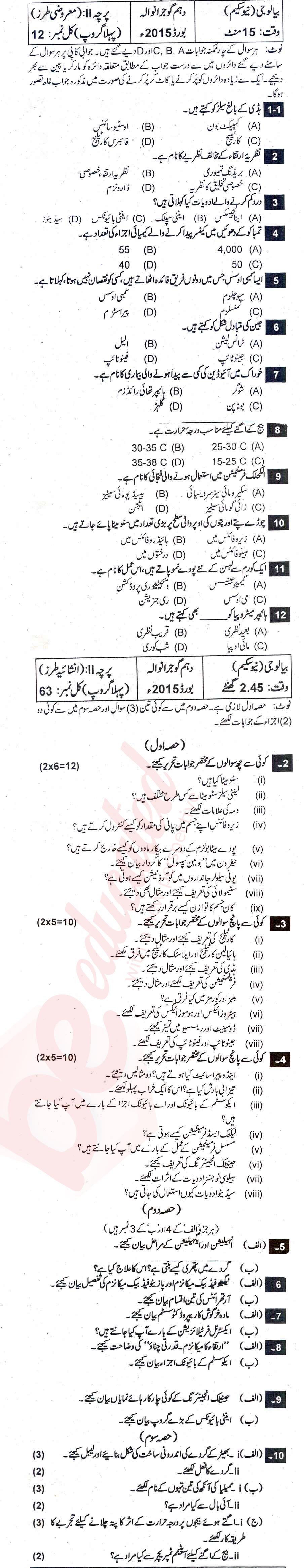 Biology 10th Urdu Medium Past Paper Group 1 BISE Gujranwala 2015