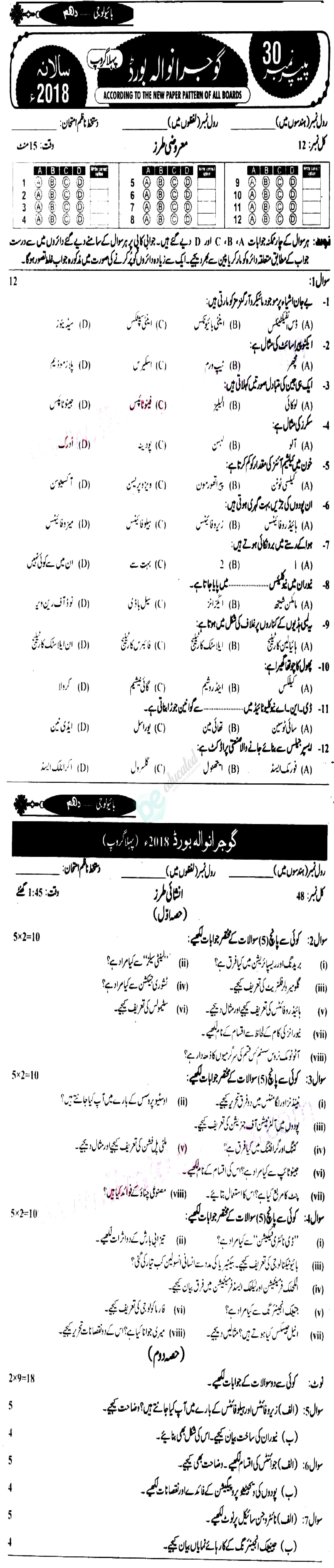 Biology 10th Urdu Medium Past Paper Group 1 BISE Gujranwala 2018