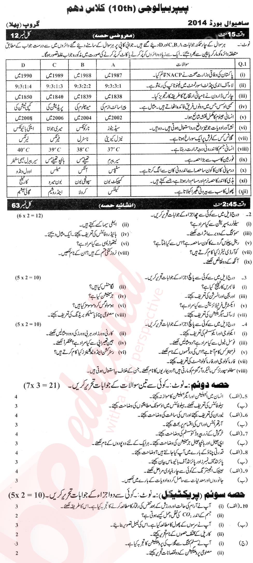 Biology 10th Urdu Medium Past Paper Group 1 BISE Sahiwal 2014