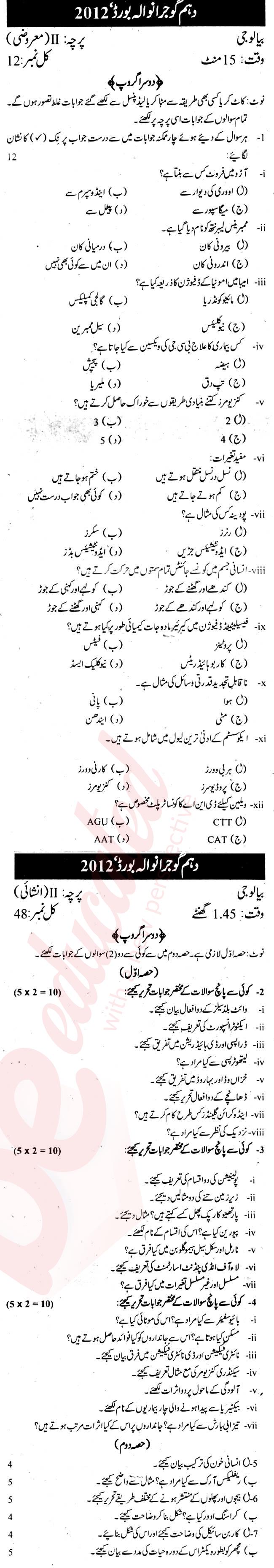 Biology 10th Urdu Medium Past Paper Group 2 BISE Gujranwala 2012