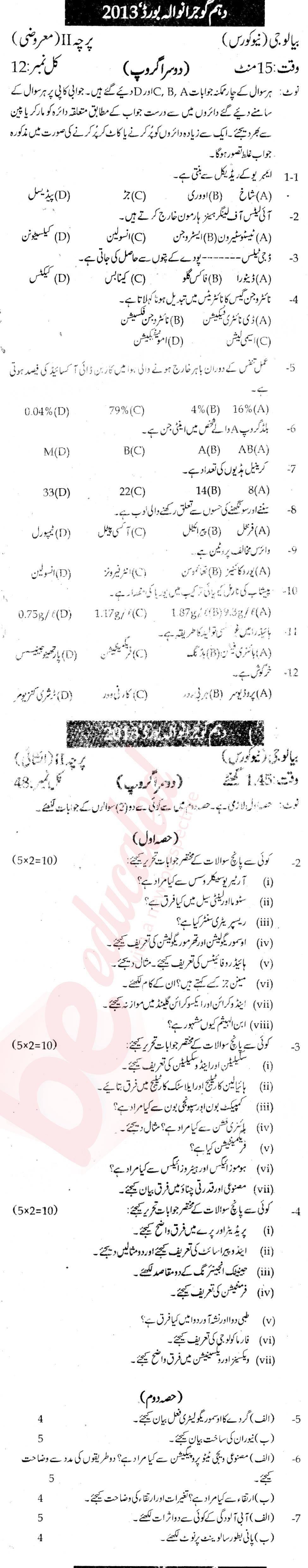 Biology 10th Urdu Medium Past Paper Group 2 BISE Gujranwala 2013