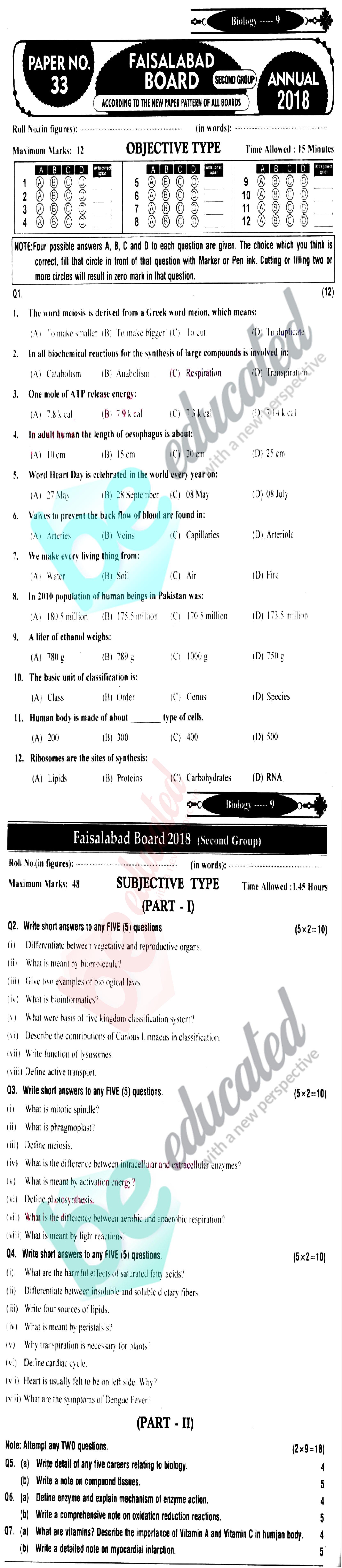 Biology 9th class English medium Past Paper Group 2 BISE Faisalabad 2018