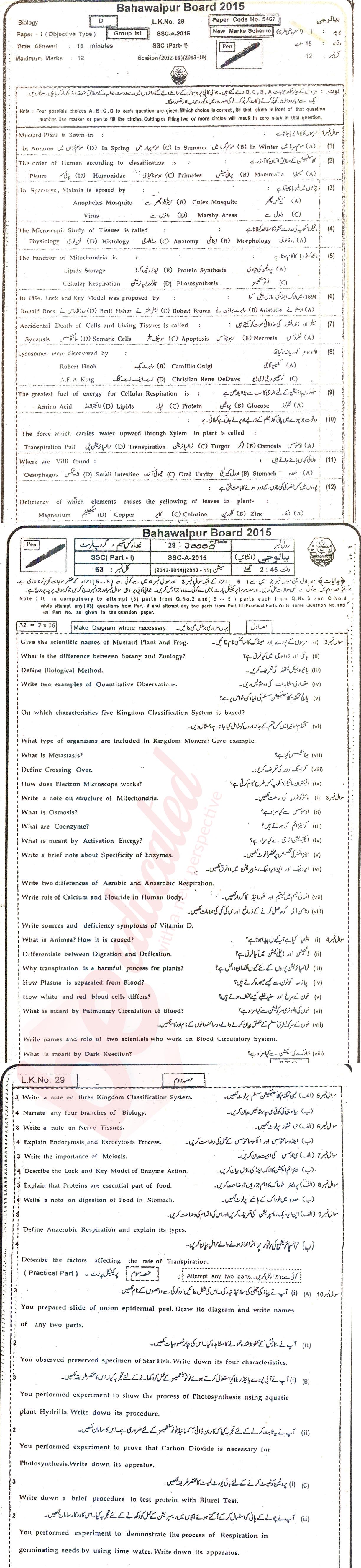 Biology 9th class Past Paper Group 1 BISE Bahawalpur 2015