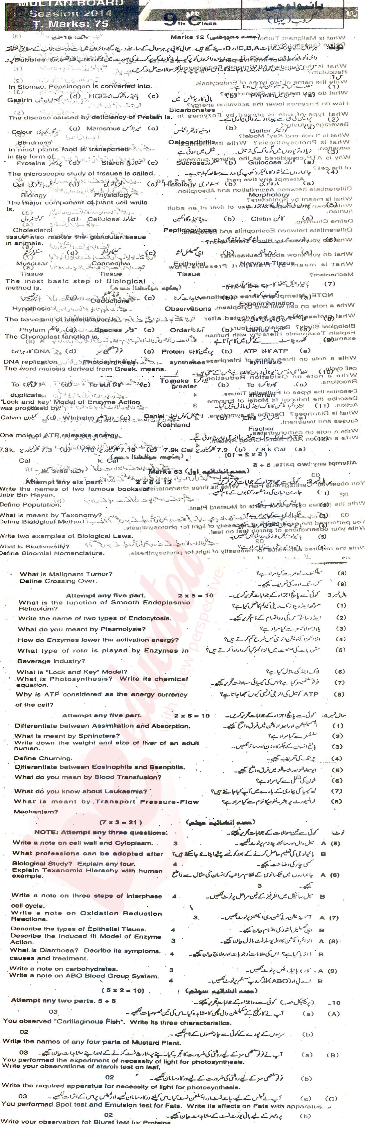 Biology 9th class Past Paper Group 1 BISE Multan 2014