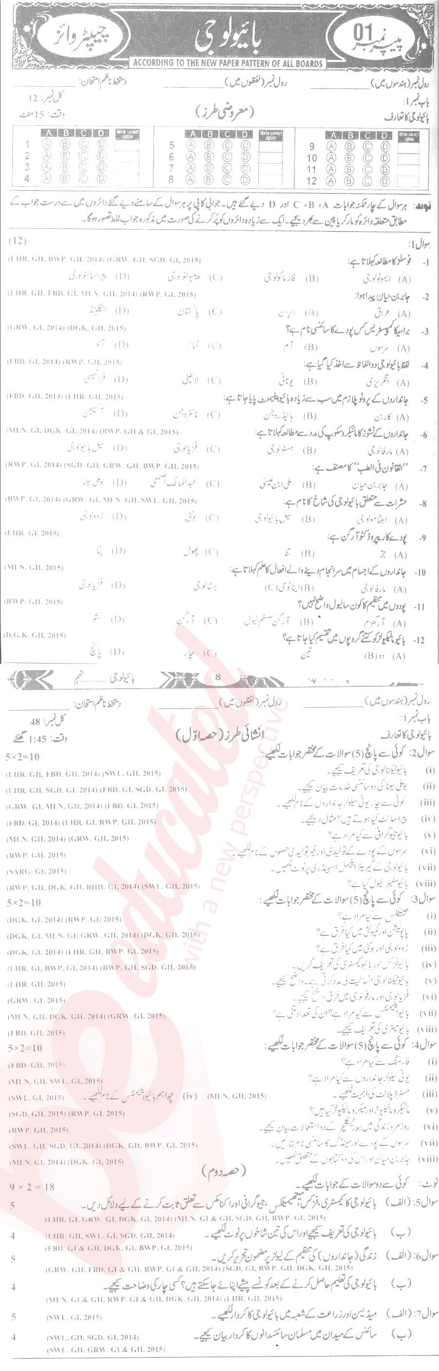 Biology 9th class Past Paper Group 1 BISE Rawalpindi 2015