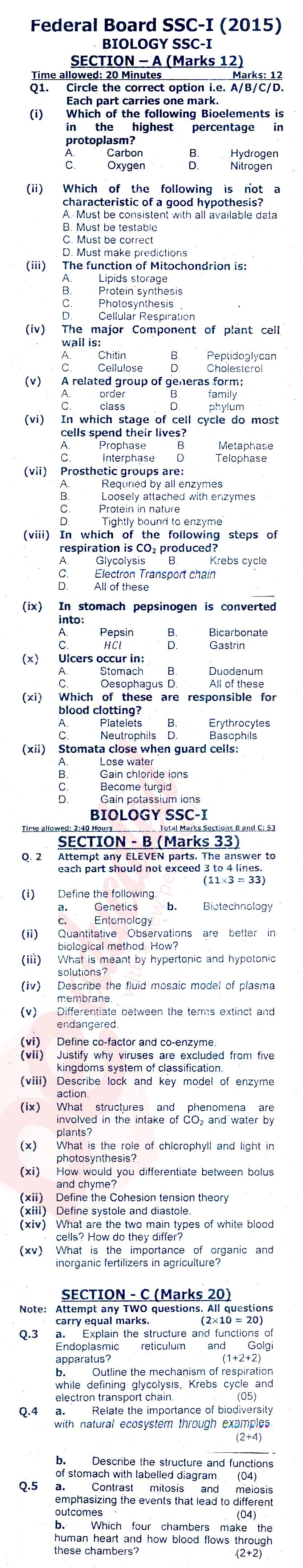Biology 9th class Past Paper Group 1 Federal BISE  2015