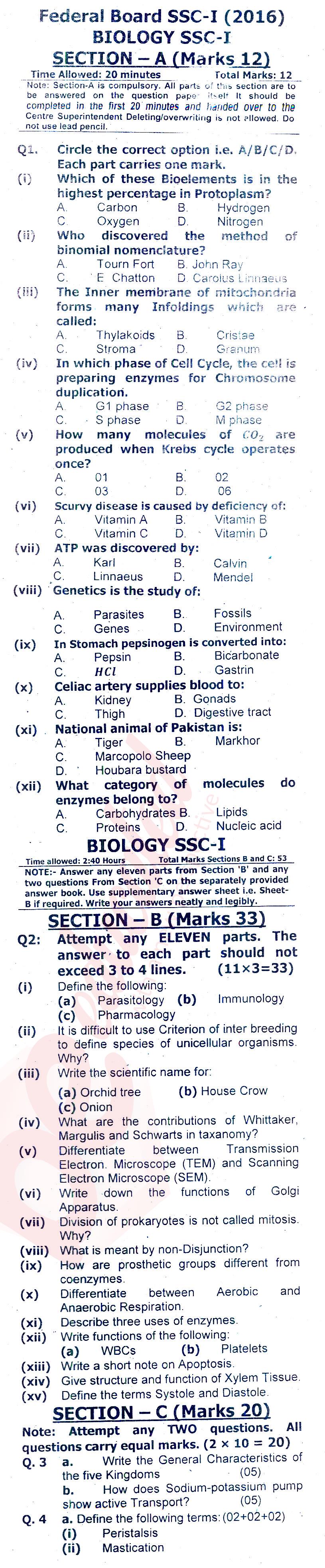 Biology 9th class Past Paper Group 1 Federal BISE  2016