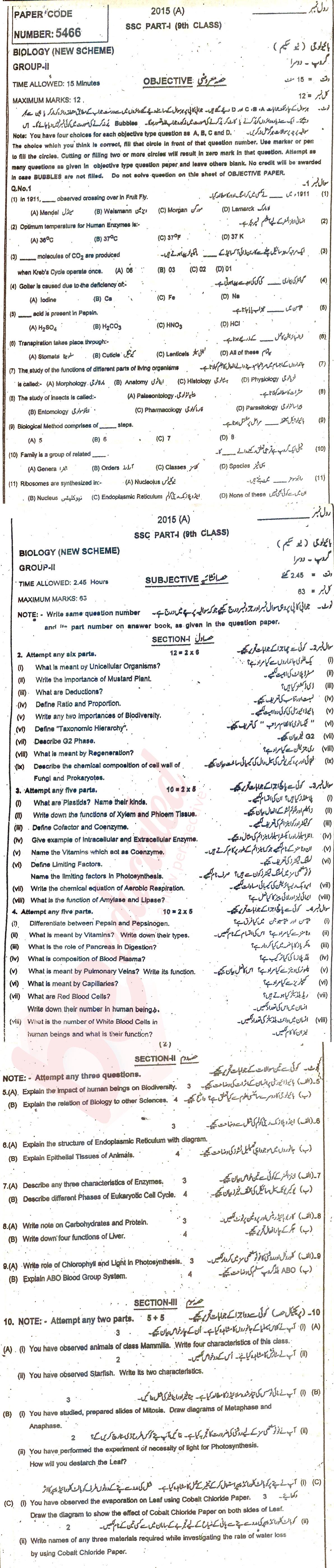 Biology 9th class Past Paper Group 2 BISE Multan 2015