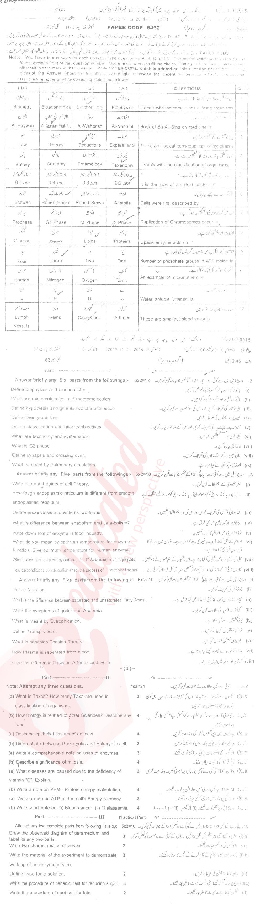 Biology 9th class Past Paper Group 2 BISE Sargodha 2015