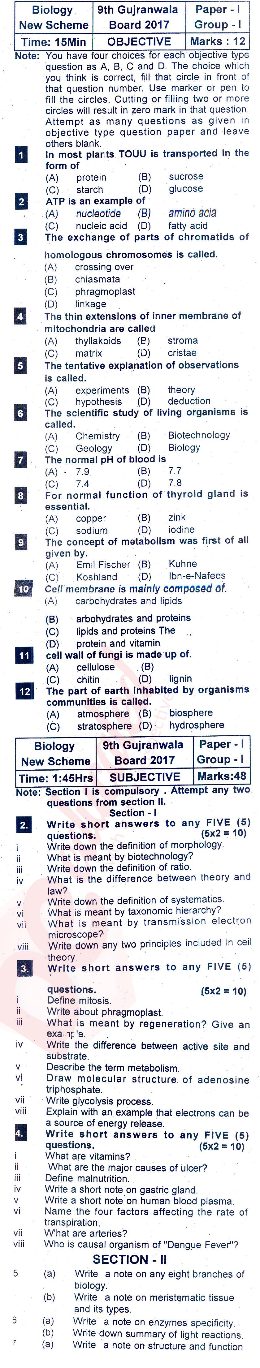 Biology 9th English Medium Past Paper Group 1 BISE Gujranwala 2017