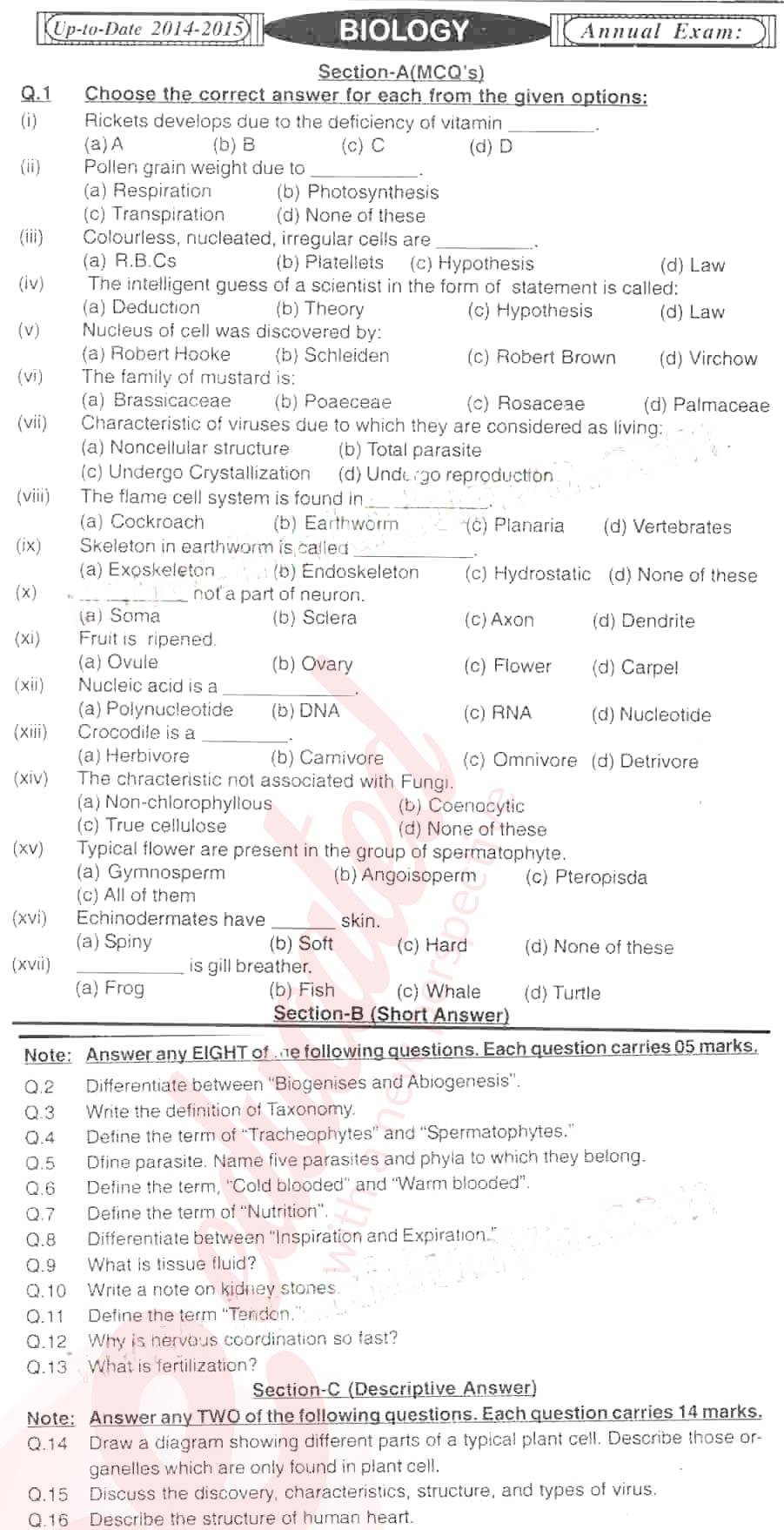 Biology 9th English Medium Past Paper Group 1 BISE Hyderabad 2014