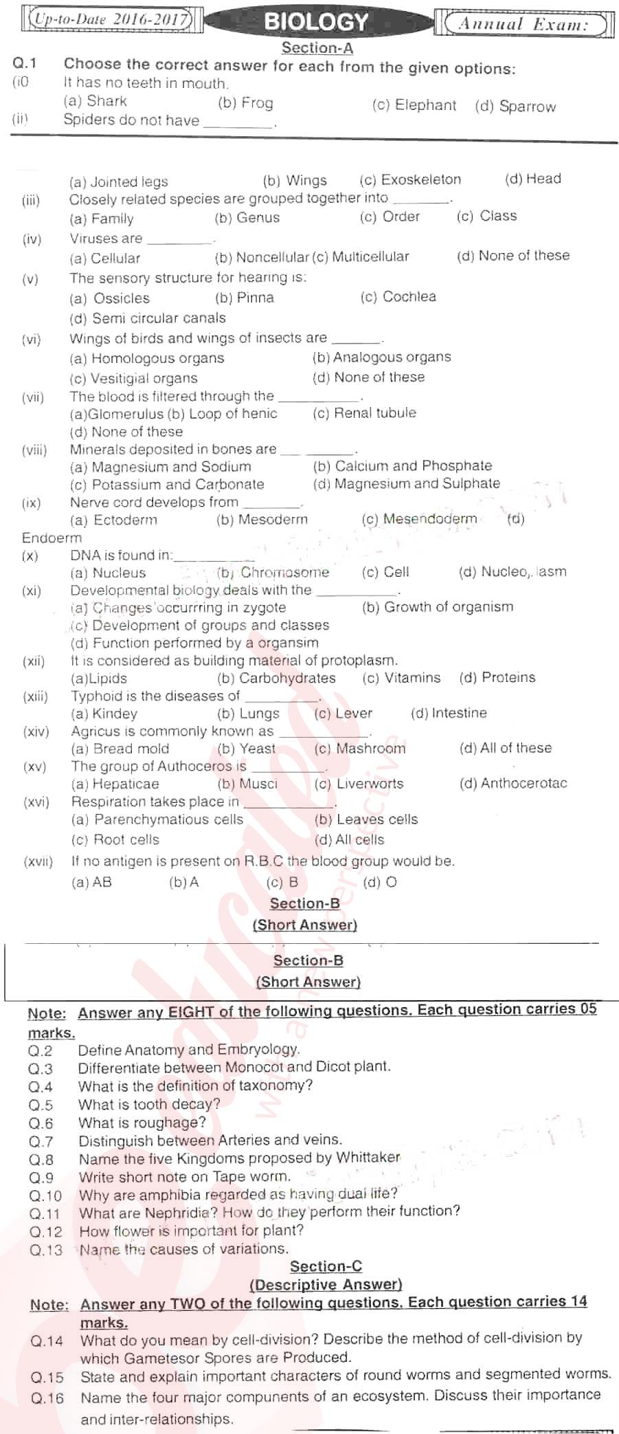 Biology 9th English Medium Past Paper Group 1 BISE Hyderabad 2016