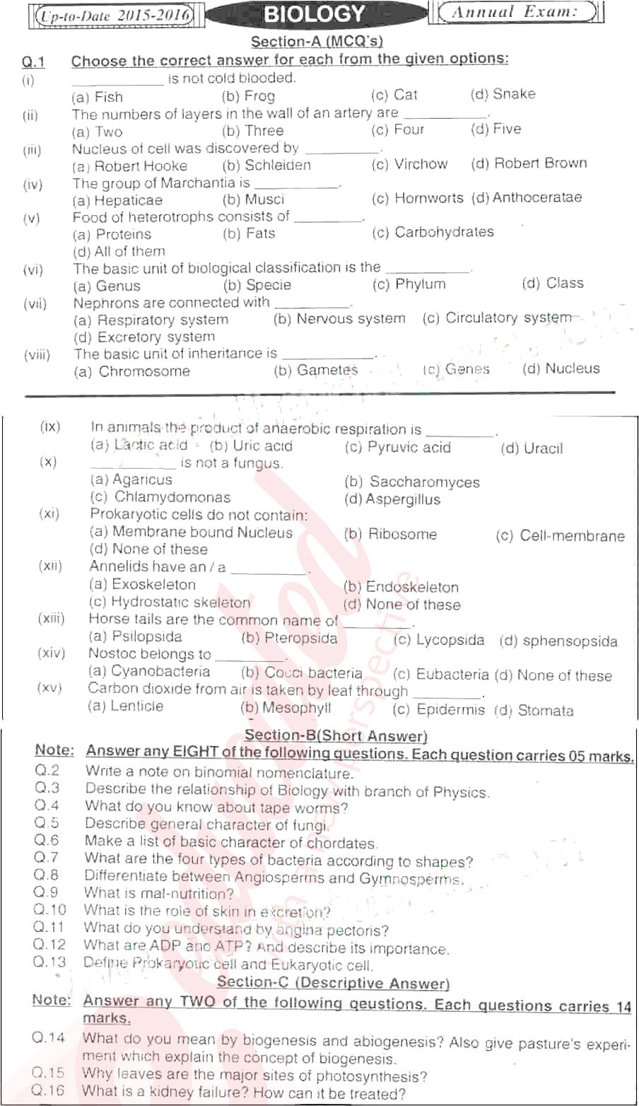 Biology 9th English Medium Past Paper Group 1 BISE Mirpurkhas 2015