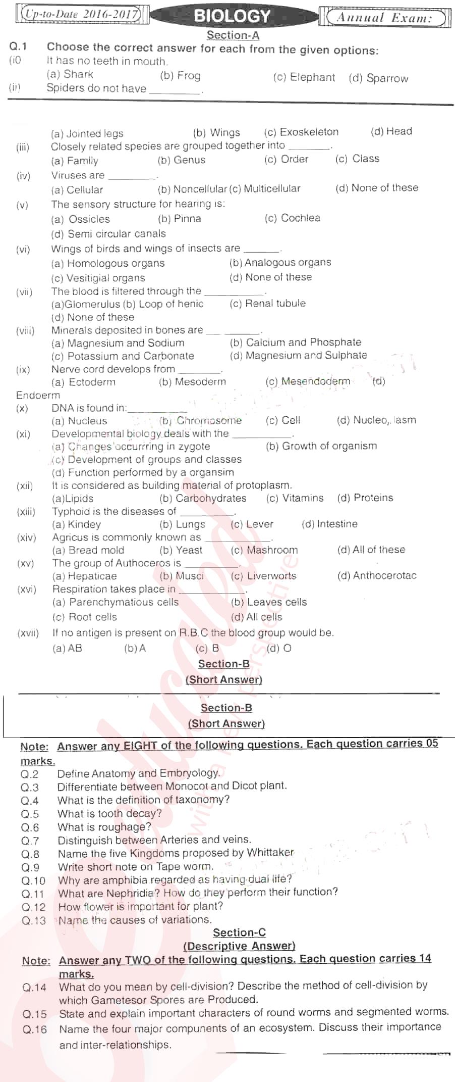 Biology 9th English Medium Past Paper Group 1 BISE Mirpurkhas 2016