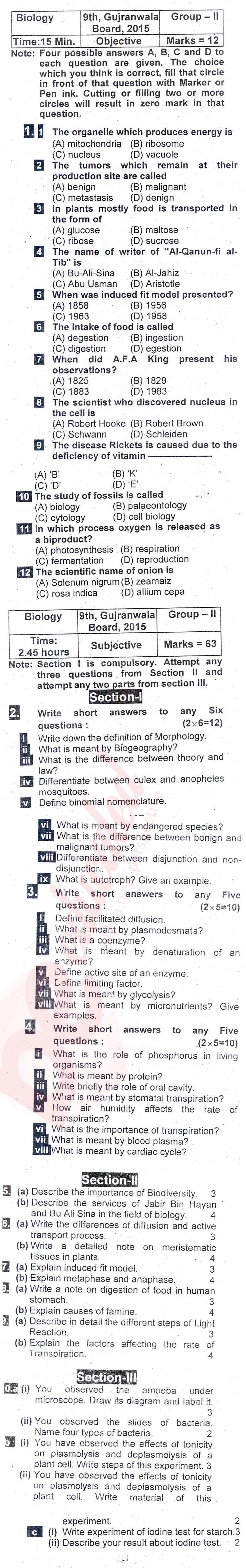 Biology 9th English Medium Past Paper Group 2 BISE Gujranwala 2015