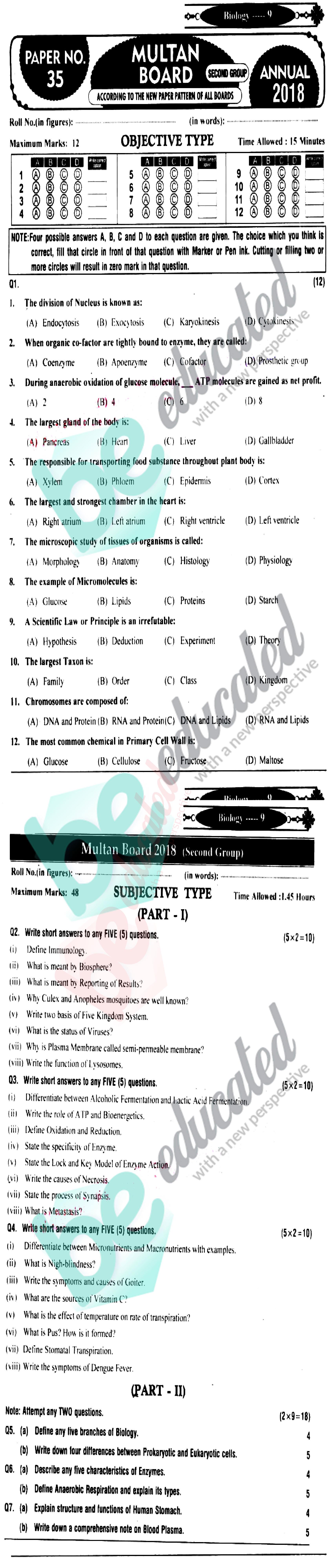 Biology 9th English Medium Past Paper Group 2 BISE Multan 2018