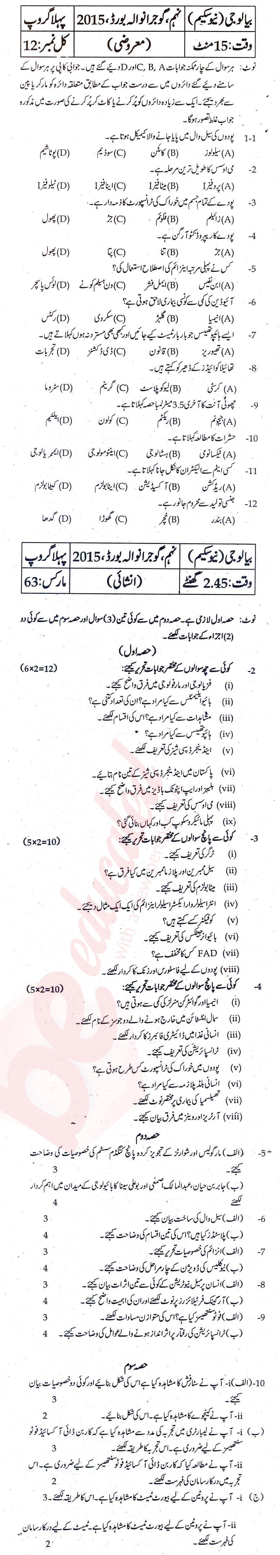 Biology 9th Urdu Medium Past Paper Group 1 BISE Gujranwala 2015