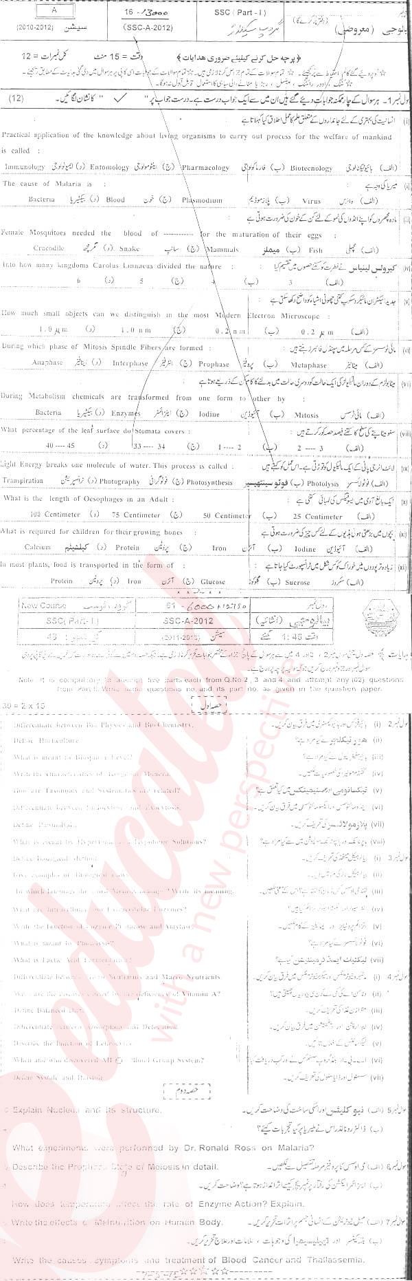 Biology 9th Urdu Medium Past Paper Group 2 BISE Bahawalpur 2012