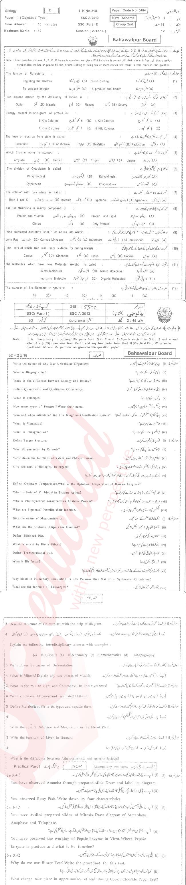 Biology 9th Urdu Medium Past Paper Group 2 BISE Bahawalpur 2013